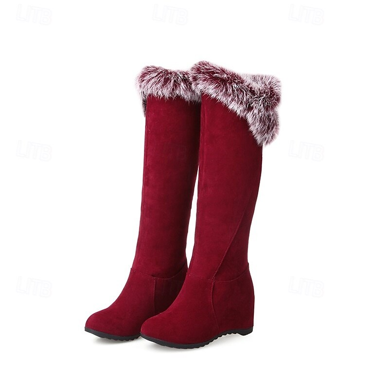 Botas altas hasta la rodilla de ante rojo para mujer con ribete de piel sintética y tacón de cuña: botas cálidas de moda invernal para uso casual y al aire libre. 2025 - $59.99 –P7