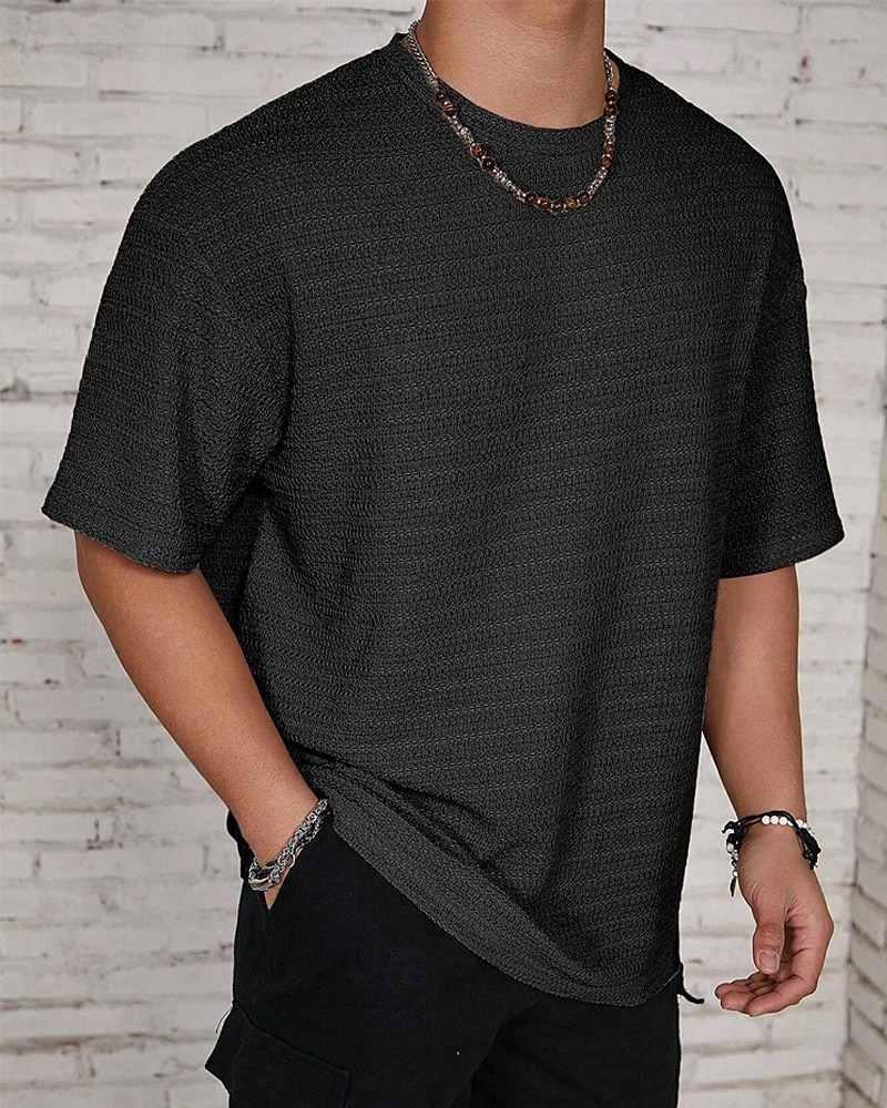 Homme T-shirt Chemise à manches courtes Manche Courte Col ras du cou Été Uni Mode Designer Basique Jacquard Vacances Rue Sortir Noir Blanche Kaki T-shirt haut de gamme pour homme de 2025 ? $14.49 –P10