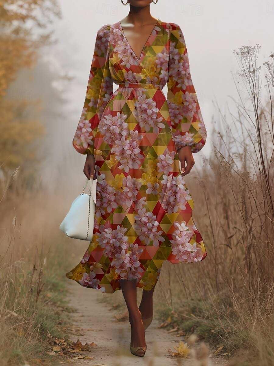 Women's Midi Dress Casual Dress Chiffon Swing Dress Modern Vacation Daily Weekend Regular Fit Floral Plaid Long Sleeve V Neck Yellow Blue Purple Orange Summer Spring Fall Autumn 2025 - $31.99 –P11