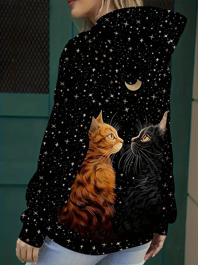 Femmes Sweat à capuche Graphique Animal Chat ancien Mode Western manche longue À capuche Hauts Réguliers Rue Tenue Quotidienne Fête Imprimé Poche Avant Noir Automne Hiver de 2025 ? $24.99 –P2
