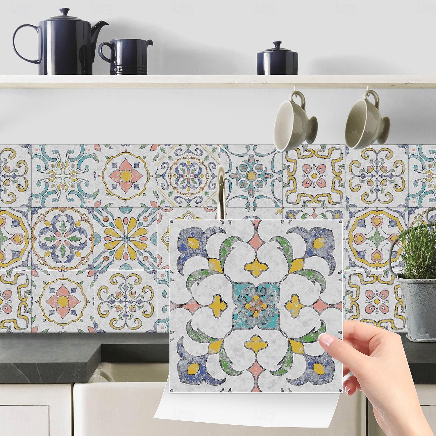 Adesivos de azulejo estilo marroquino 24 peças, decalques de parede de PVC com película de cristal espessada, à prova d'água &Decoração de parede de azulejo retrô removível e à prova de óleo para de 2025 por $10.99 –P1
