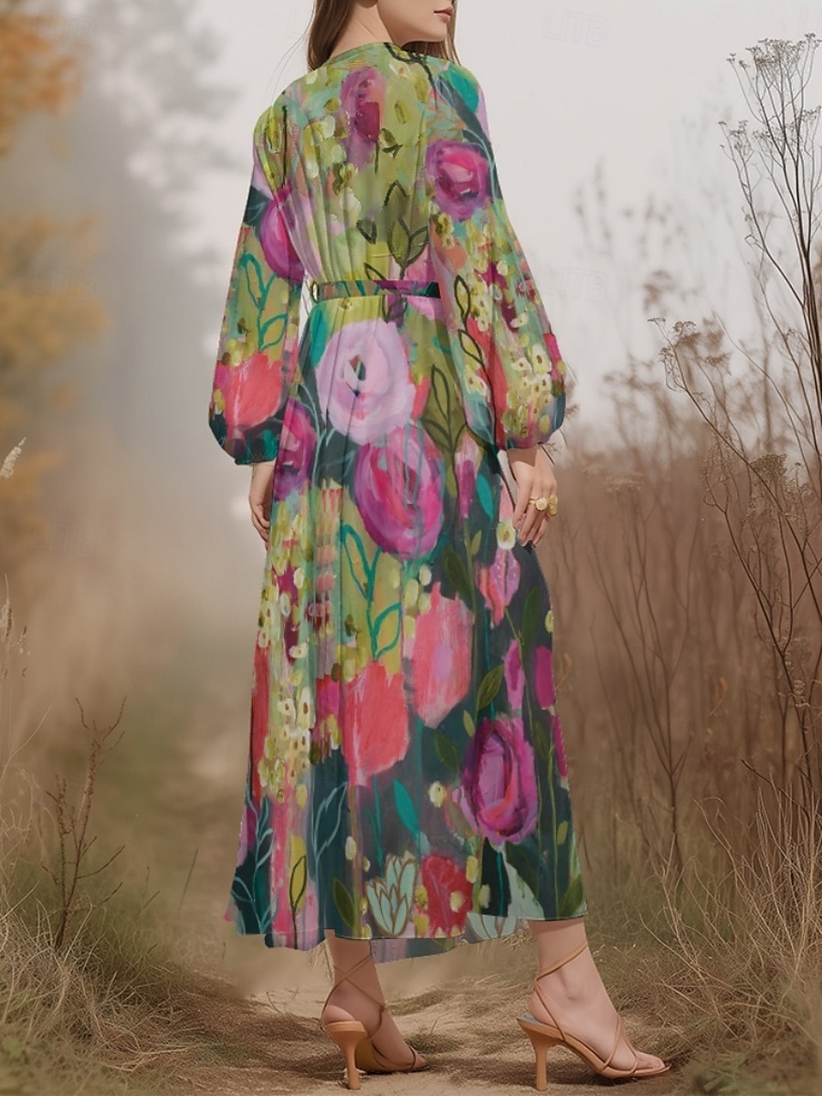 Női Midi ruha hétköznapi ruha Sifon Swing ruha Modern Vakáció Napi Hétvége Normál Virágos Hosszú ujj V-alakú Medence Sötétzöld Bíbor Lóhere Nyár Tavasz Ősz 2025 - $31.99 –P7