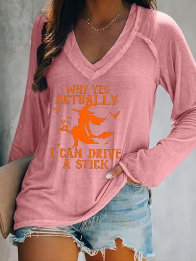 Women's T shirt Witch Long Sleeve V Neck Long Sleeve Graphic Casual Letter Vintage Stylish Western Tops Daily Weekend Vacation Wear Print Black White Pink Navy Blue Blue Spring Fall Prefall 2025 - $22.99 –P4