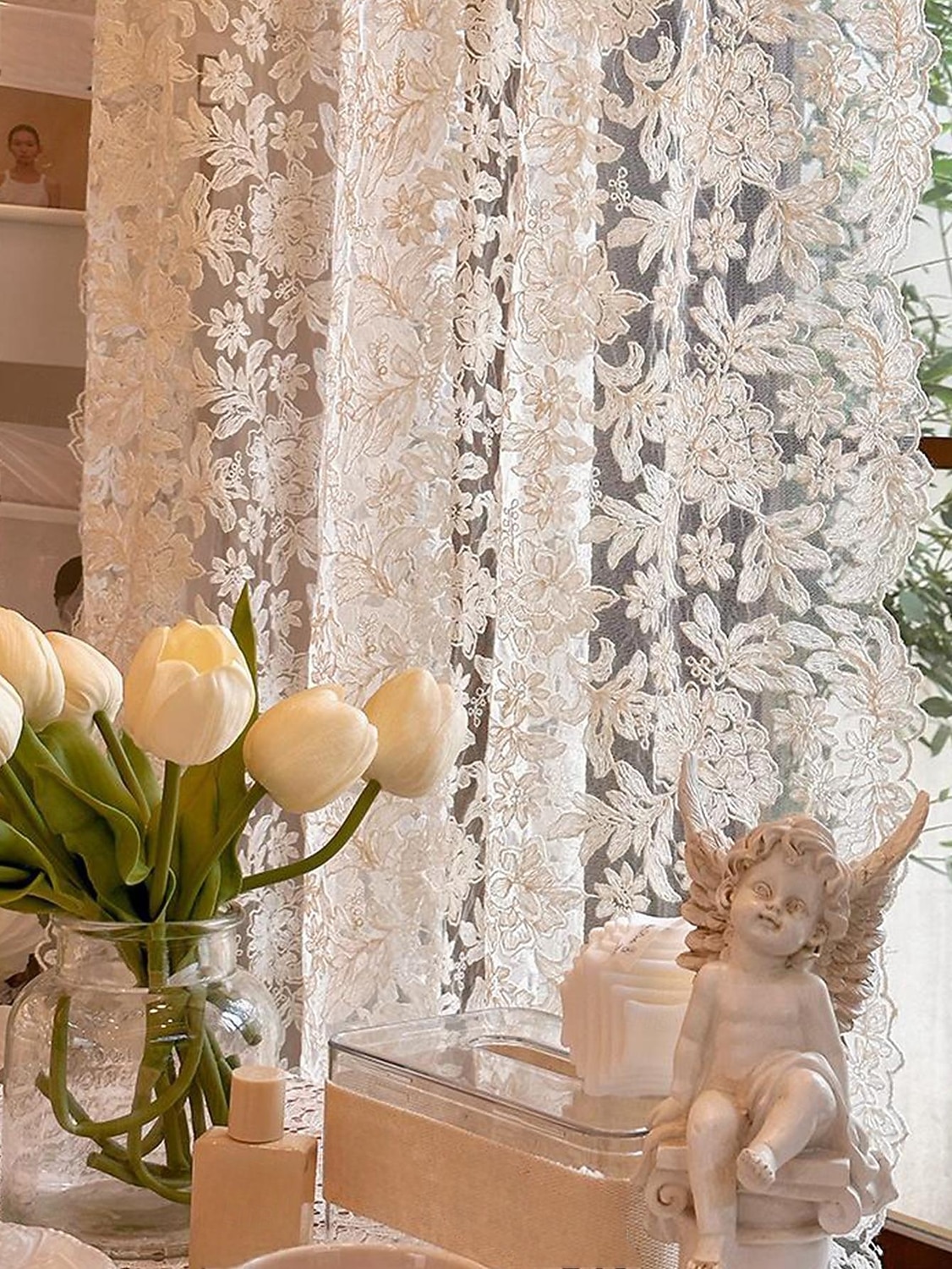 1 st vintage jacquard transparent gardin kort gardin med stångficka polyesternät spets broderad heminredning vardagsrum sovrum kök 2025 - $19.99 –P4