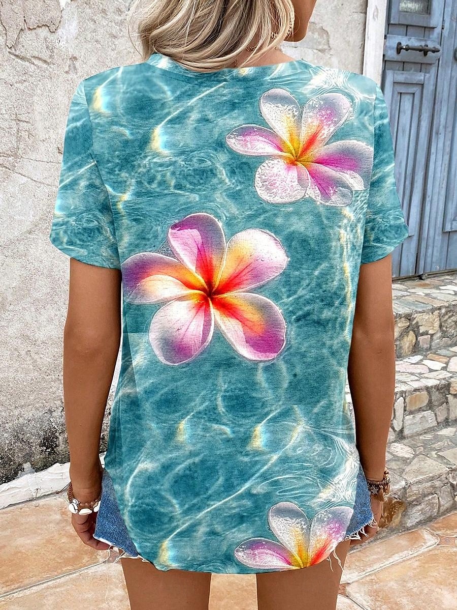 Femmes T-shirt Fleuri Graphique Plantes ancien Élégant Occasionnel Manche Courte Col en V Hauts Réguliers Quotidien Imprimé Bleu Été Printemps de 2025 ? $19.99 –P3