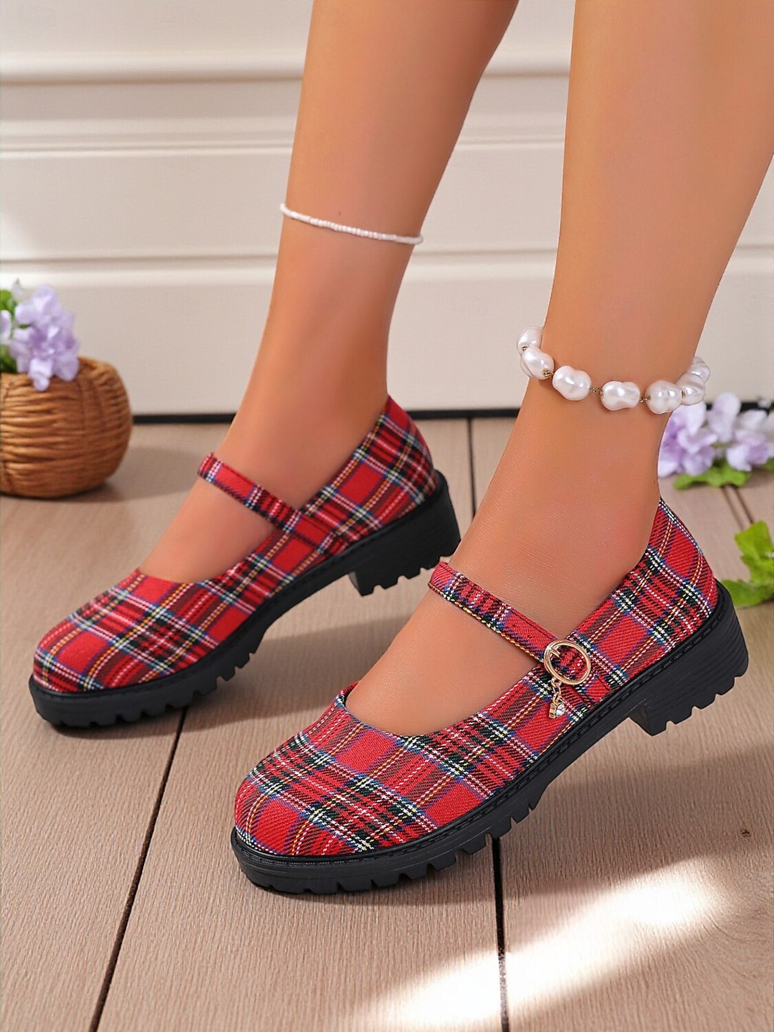 Women's Red Plaid Mary Jane Flats - Chunky Sole Tartan Shoes with Buckle Strap, Casual School Style for Teens and Fall Outfits 2025 - $19.99 –P6