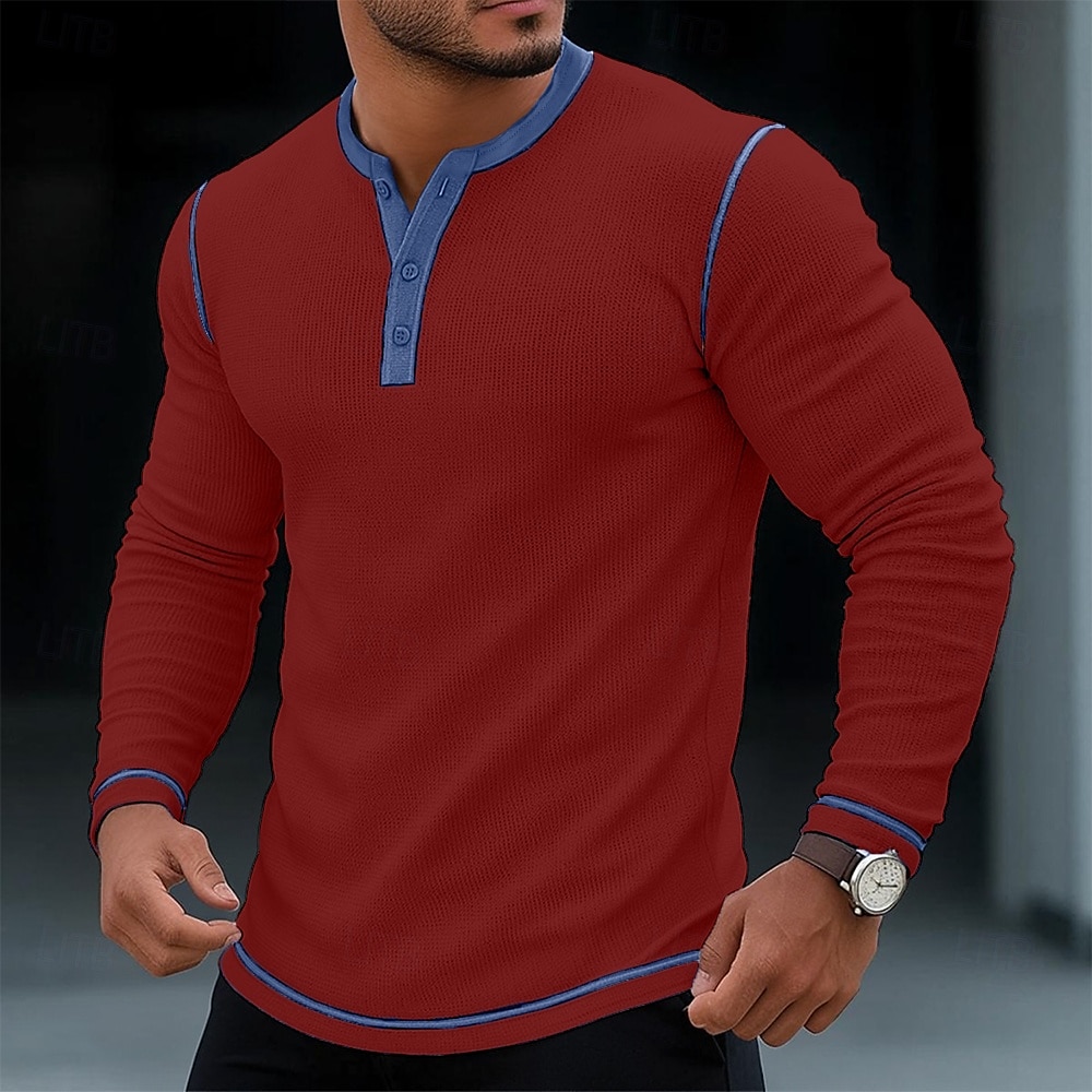 Муж. Футболка Рубашка Хенли Вафельная трикотажная футболка Рубашка с длинным рукавом Длинный рукав Контрастных цветов Один цвет Мода Оригинальный рисунок Классический Пэчворк Хенли 2026 - $21.99 –P10