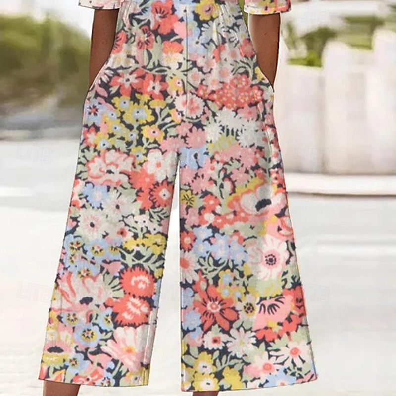 Dames Normaal Jumpsuit Streetwear Bloemig Korte mouw Breed Been V-hals Zak Afdrukken Straat Dagelijks Normale pasvorm Blozend Roze Zomer 2026 - $31.99 –P3