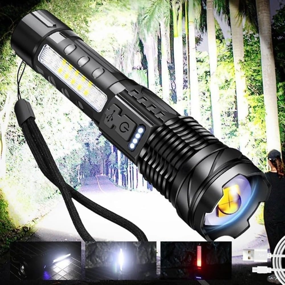 Lampe de poche tactique rechargeable, lampes de poche puissantes à haute luminosité avec 7 modes d'éclairage, feu latéral d'avertissement COB, étanchéité IPX6, faisceau zoomable, lampe de poche de 2025 ? $16.49 –P8