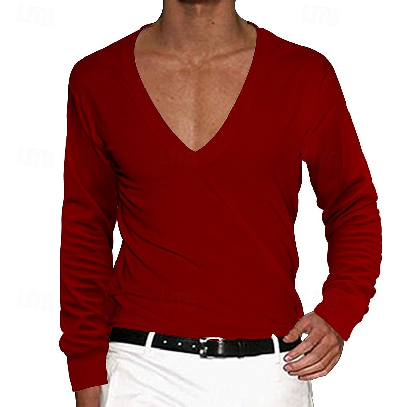 Herren T Shirt T-Shirt Langarm V Ausschnitt Sommer Einfarbig Einfach Mode Designer Basic Tiefes V Basic Urlaub Straße Lässig Schwarz Weiß Rot Top T-Shirt für Herren 2025 - $16.49 –P4