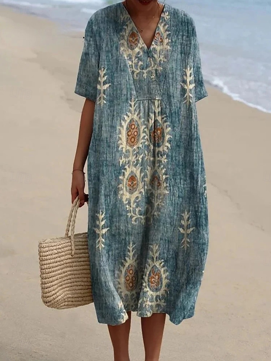 Femmes Robe Midi Robe d'Été Robe trapèze Vacances Occasionnel Chaussures de plage Soirée Sortir Plage Coupe Ample Fleuri Graphique Tribal Manche Courte Col en V Bleu Vert Été Printemps de 2025 ? $37.99 –P4