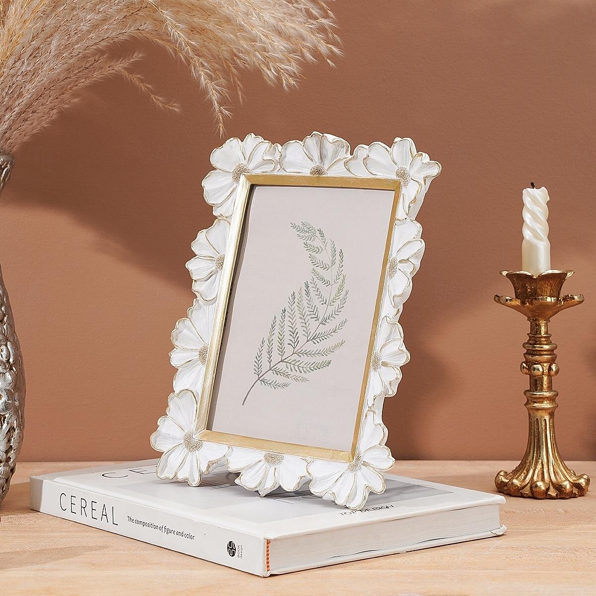 White Resin Photo Frame with Gold-Edged 3D Daisy Design, Square Picture Frame for Desktop Display, Horizontal and Vertical Use, Ideal for Home Decor and Photography Props 2025 - $18.99 –P10
