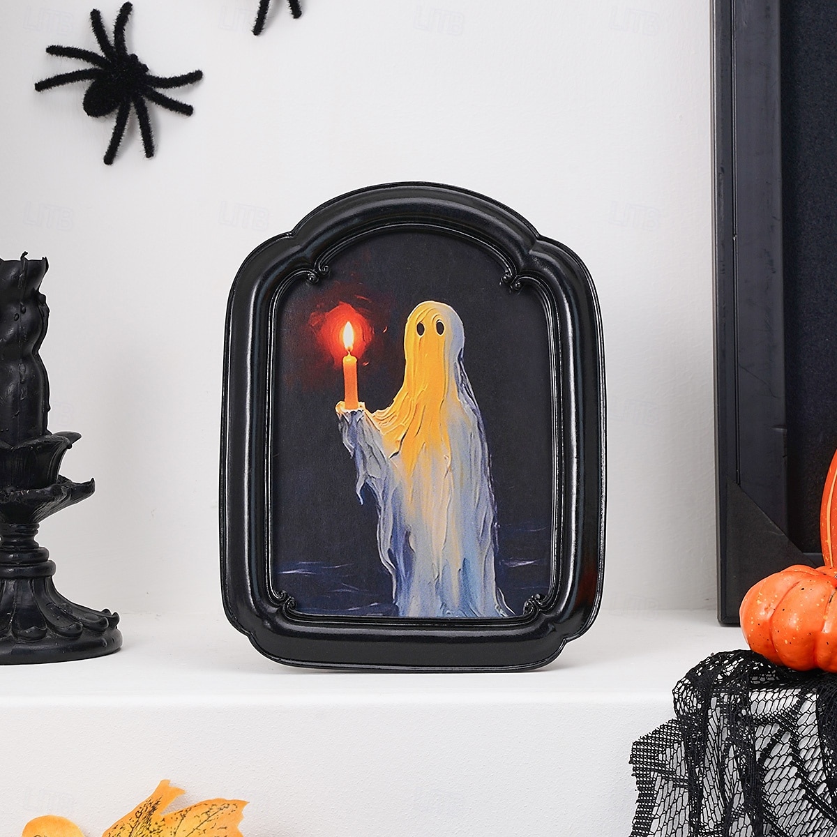 Halloween Resin Photo Frame Decor, Black and Brown Ghost Holding Candle Design, Round and Square Shapes for Home, Bedroom, Study, and Office Desktop Halloween Photo Display 2025 - $17.49 –P11