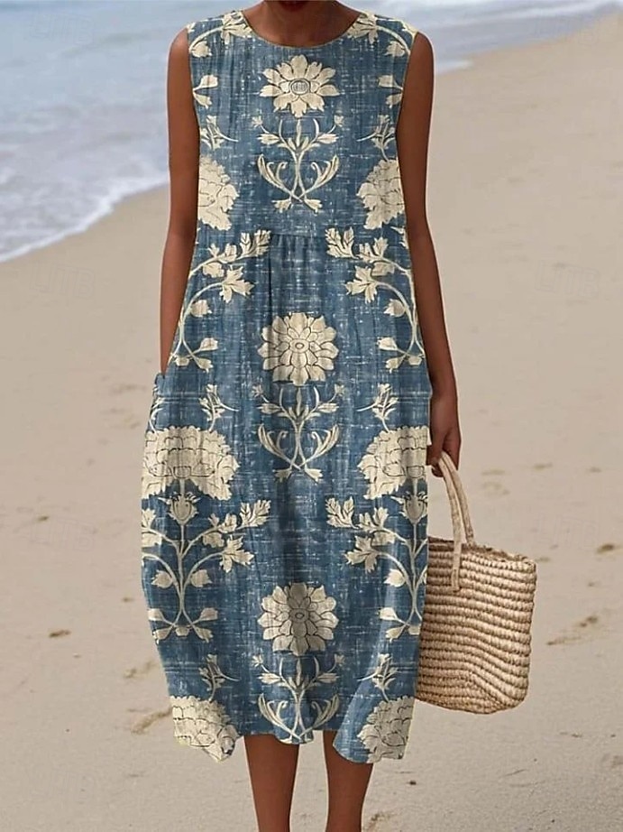 Women's Midi Dress Linen Like Sundress Shift Dress Vacation Casual Boho Party Beach Floral Graphic Sleeveless Crewneck Black Green Blue White Pink Red Summer Spring 2026 - $16.49 –P2