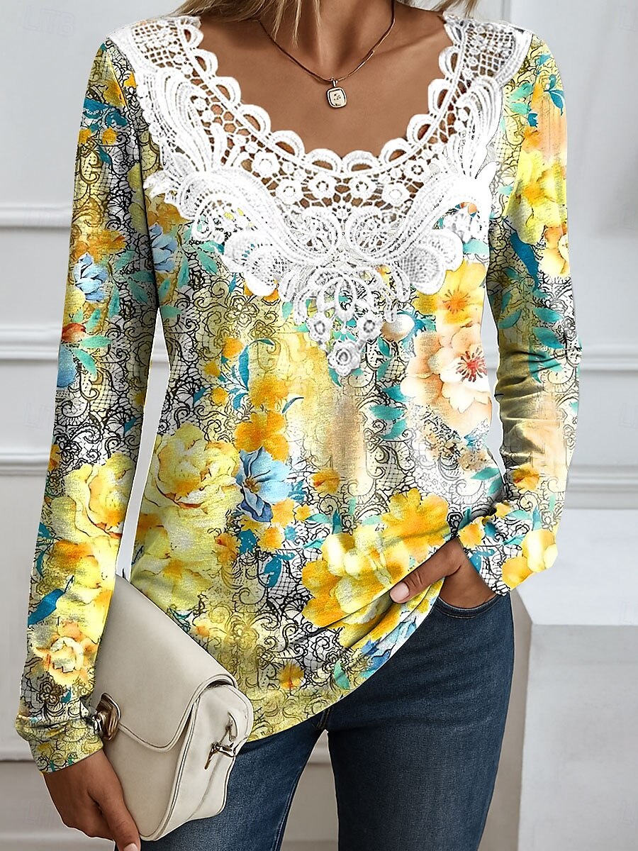 Ostern Damen Bluse Blumen Grafik Pflanzen Elegant Mode Langarm V Ausschnitt Rundhals Normale Oberteile Täglich Ausgehen Wochenende Spitze Patchwork Druck Weiß Gelb Rosa Blau Sommer Frühling Herbst 2025 - $24.99 –P1