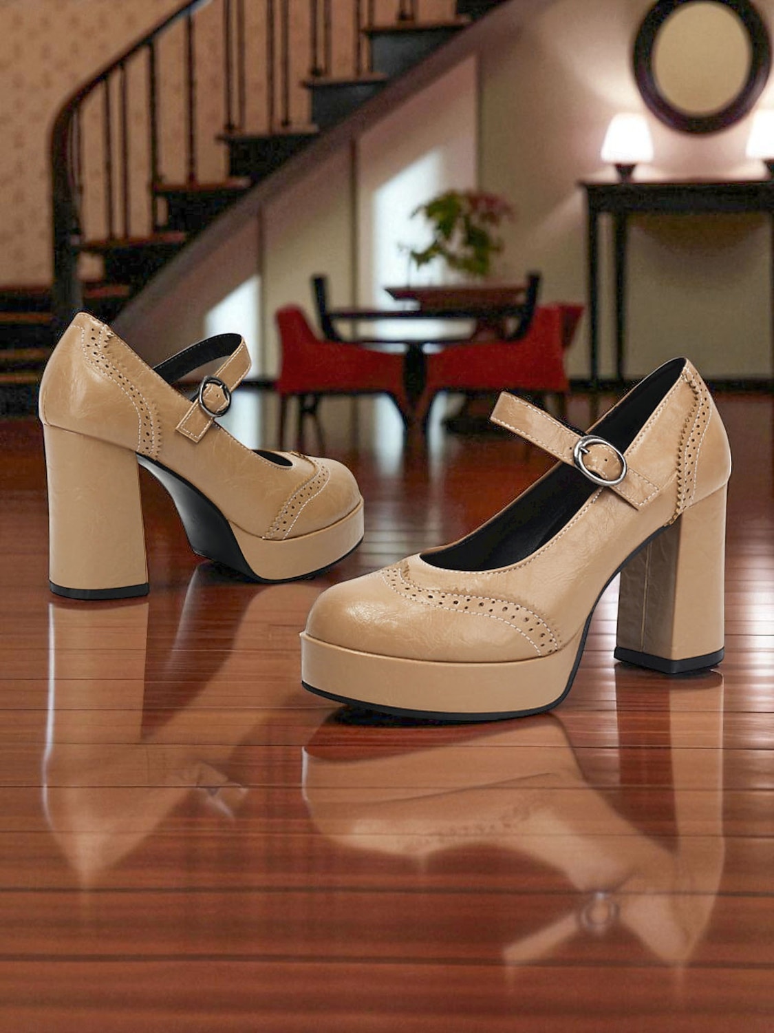 Women's Apricot Mary Jane Platform Pumps - 1950s Retro Chunky Heel Shoes with Brogue Detailing and Adjustable Strap for Office, Tea Parties, and Daily Wear 2025 - $46.99 –P7