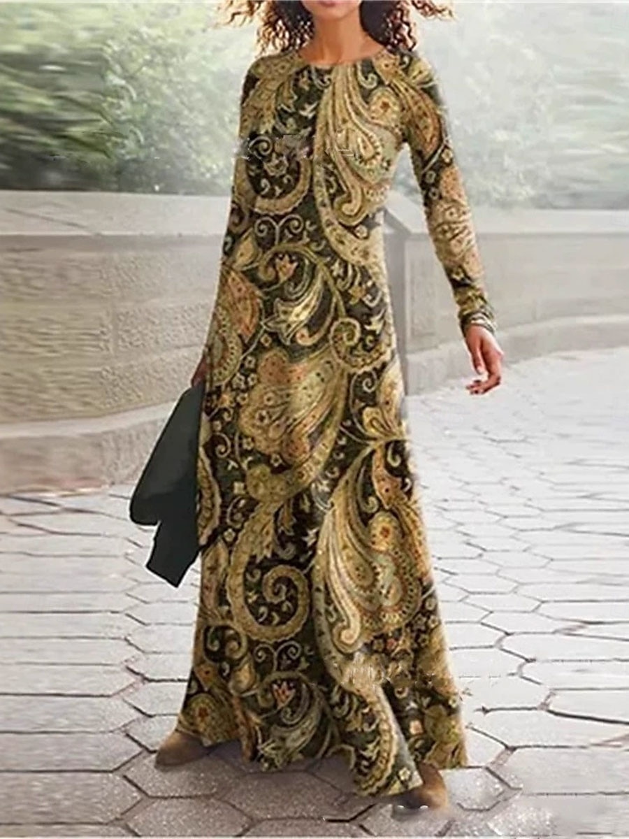 Damen Maxikleid T-Shirt-Kleid A Linie Kleid Sommerkleid Urlaub Lässig Strand Täglich Normale Passform Grafik Paisley-Muster Abstrakt Langarm Rundhalsausschnitt Gelb Blau Kamel Frühling Herbst Winter 2025 - $36.99 –P3