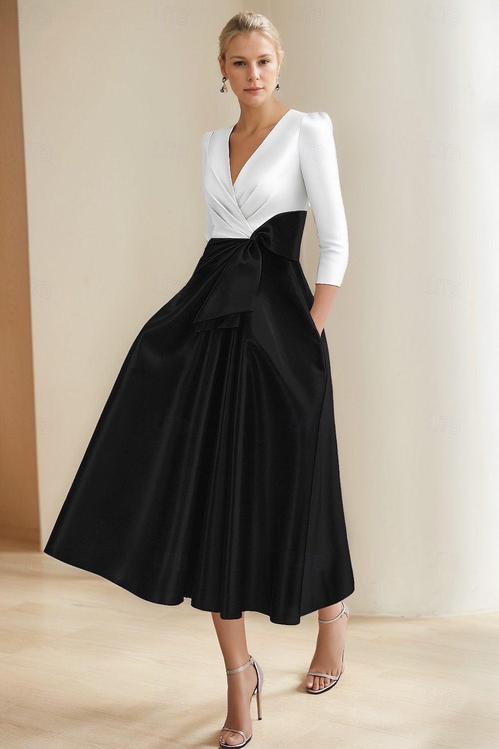 Vestidos de Coquetel A-Line Vestido Elegante Formal Casamento Comprimento Chá Comprimento Midi Manga Curta Decote em V Pregas Cetim com Bolso e Laço de 2025 por $147.99 –P1