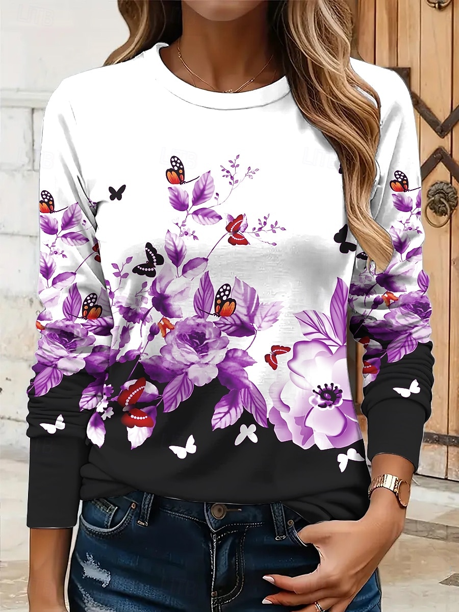 Per donna Maglietta Floreale Grafico Farfalla Vintage Elegante Classico Manica Lunga Girocollo Top Regolari Quotidiano Stampato Giallo Rosso Blu Viola Verde Estate Primavera Autunno del 2025 a $22.99 –P1