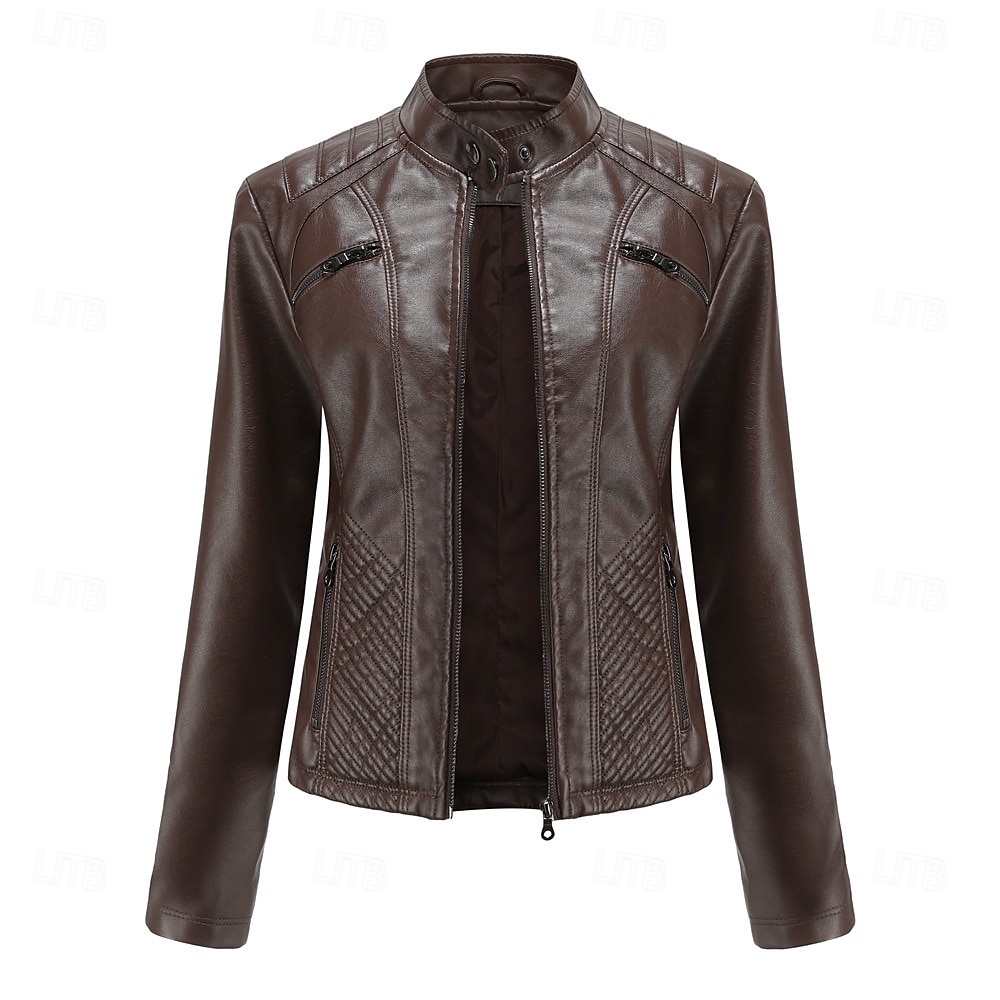 Per donna Giacca in Ecopelle Confortevole Tasca Cerniera completa Moda Stile da Strada Semplice All'aperto Casual Quotidiano Regolare Collo alla coreana Vestibilità regolare Manica Lunga Capispalla del 2025 a $48.99 –P15