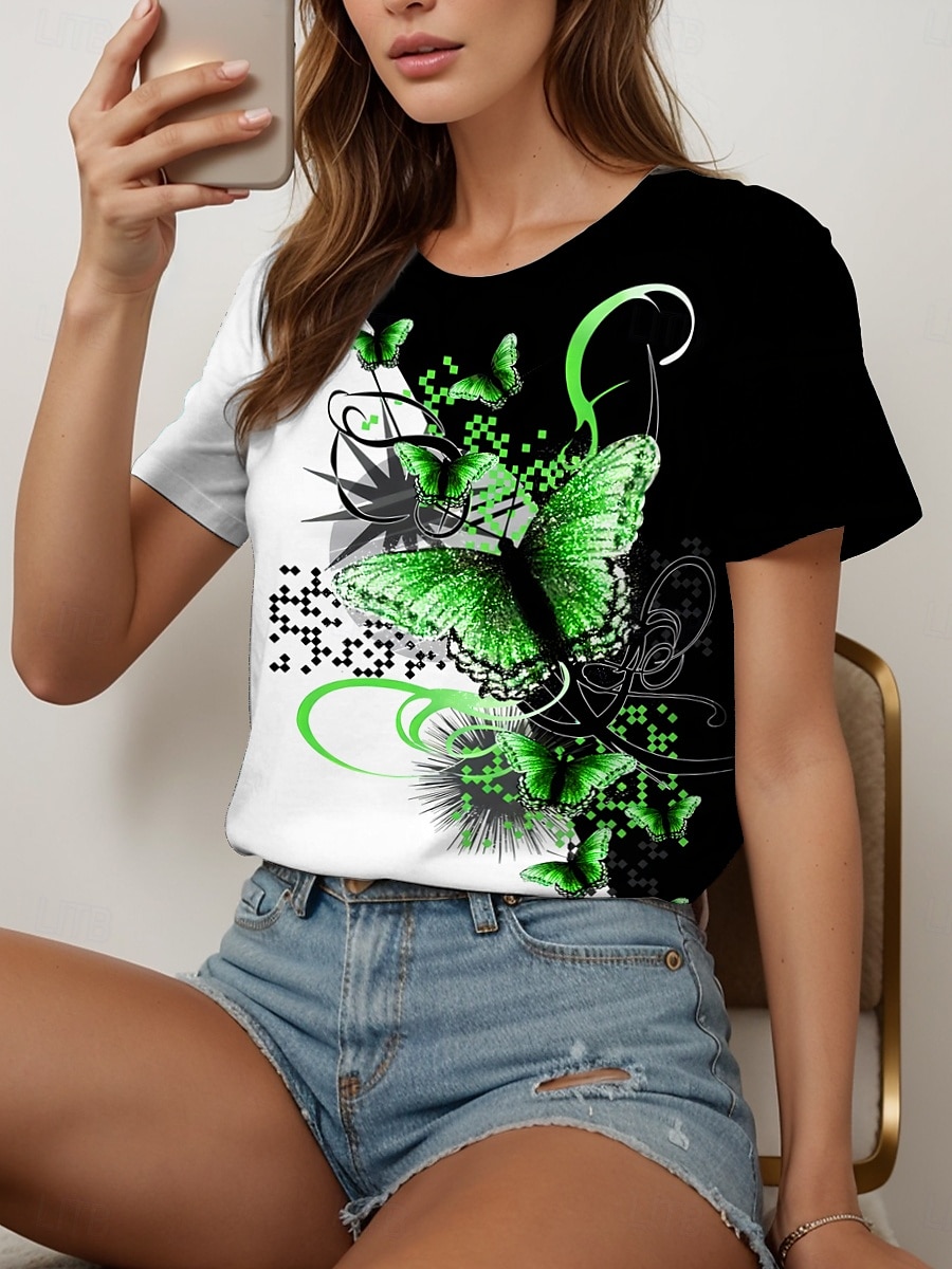 Femmes T-shirt Graphique Animal Géométrique ancien Mode Élégant Manche Courte Col ras du cou Col rond Hauts Réguliers Quotidien Week-end Imprimé Noir + Blanc + Gris Jaune Rouge Bleu Violet Ét de 2025 ? $19.99 –P5