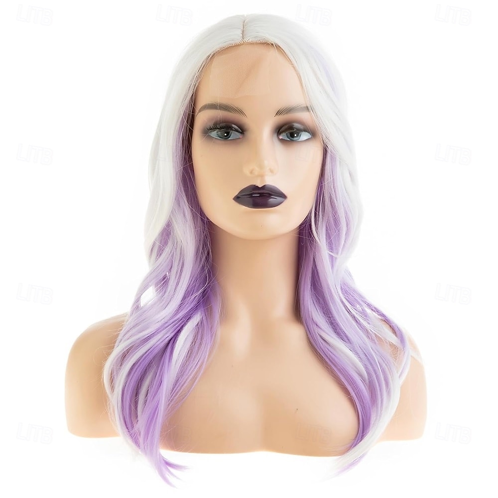 Purple Side Part Long Wavy White Purple Wigs for Women Synthetic Side Part Halloween ...