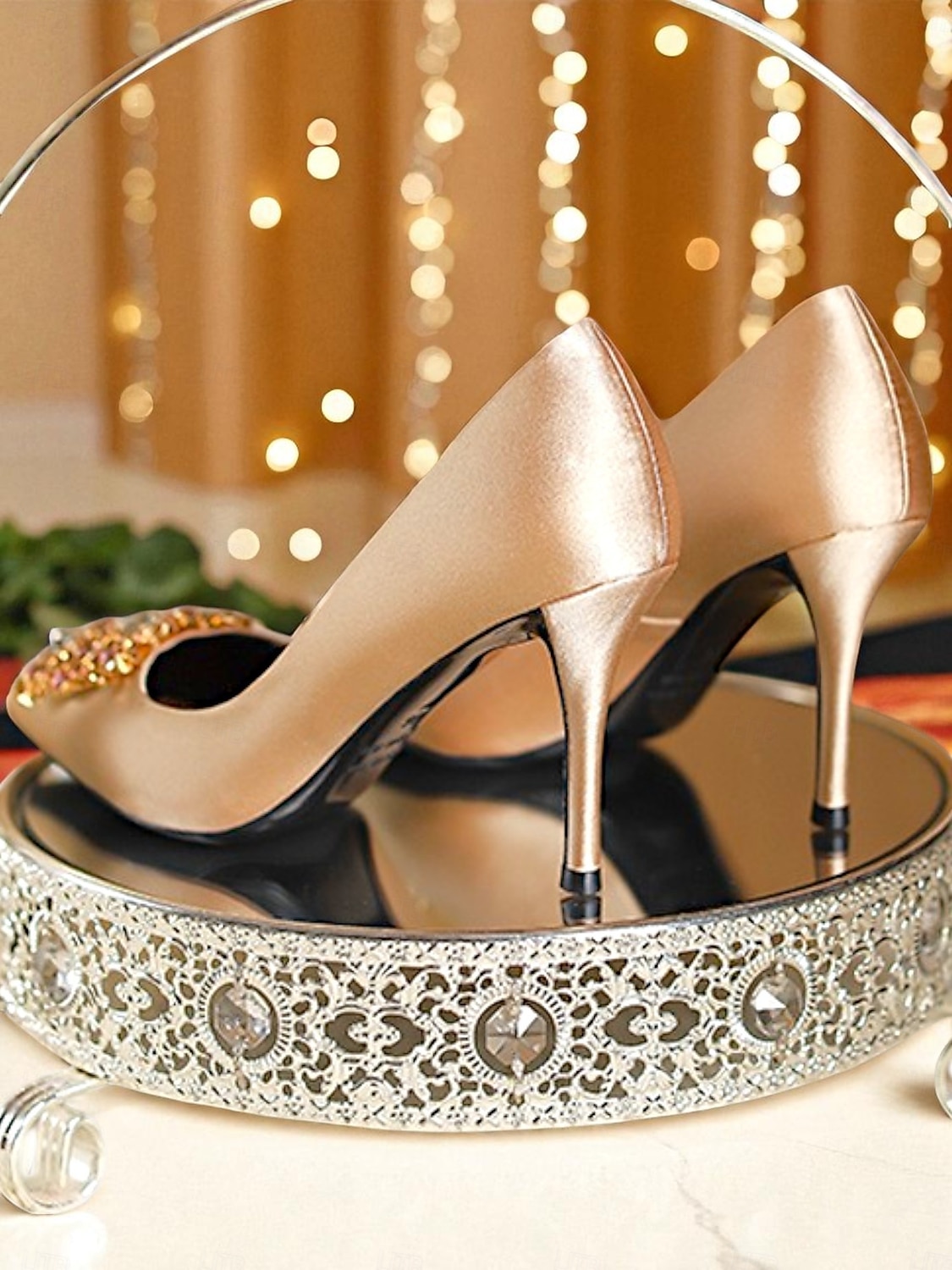 Tocuri înalte cu vârful ascuțit din satin auriu pentru femei - pantofi eleganți cu cataramă cu strasuri pentru cocktailuri și evenimente de seară 2026 - $69.99 –P7