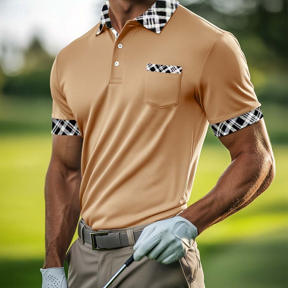 Men's Cotton Blend Polo Shirt Golf Shirt Casual Sports Lapel Short Sleeve Fashion Basic Houndstooth Plaid / Check Patchwork Pocket Summer Spring Slim Fit White Light Blue Orange Khaki Grey Cotton 2026 - $8.99 –P12