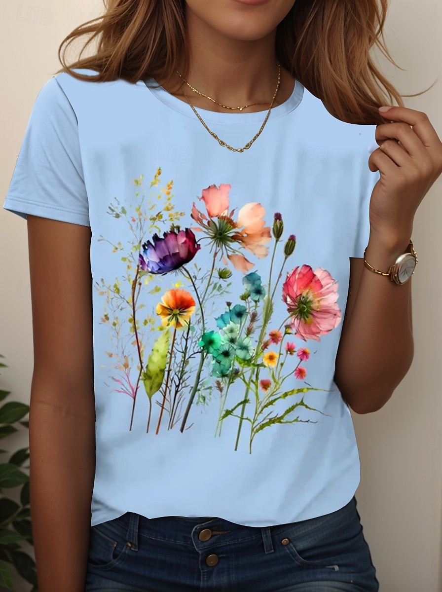 Dame T skjorte Blomstret Grafisk Planter Årgang Stilfull Klassisk Kortermet Crew-hals Vanlige topper Daglig Ut på byen Helg Trykt mønster Svart Hvit Rosa Blå Himmelblå Sommer Vår Høst 2025 - $19.99 –P7