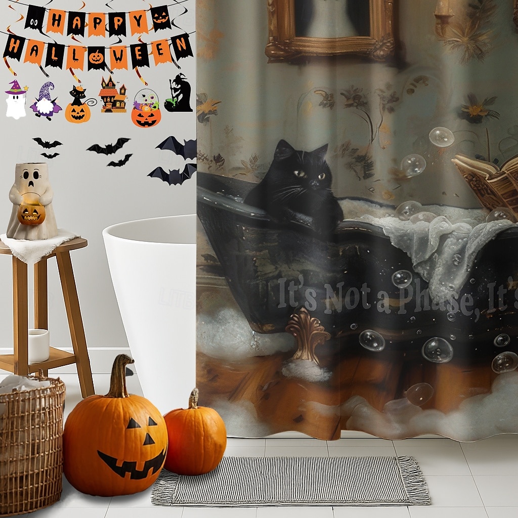 Halloweenský sprchový závěs s háčky, polyesterový, pratelný, voděodolný, vzorovaný, koupelnová vana, dekorace 2025 - $21.99 –P25