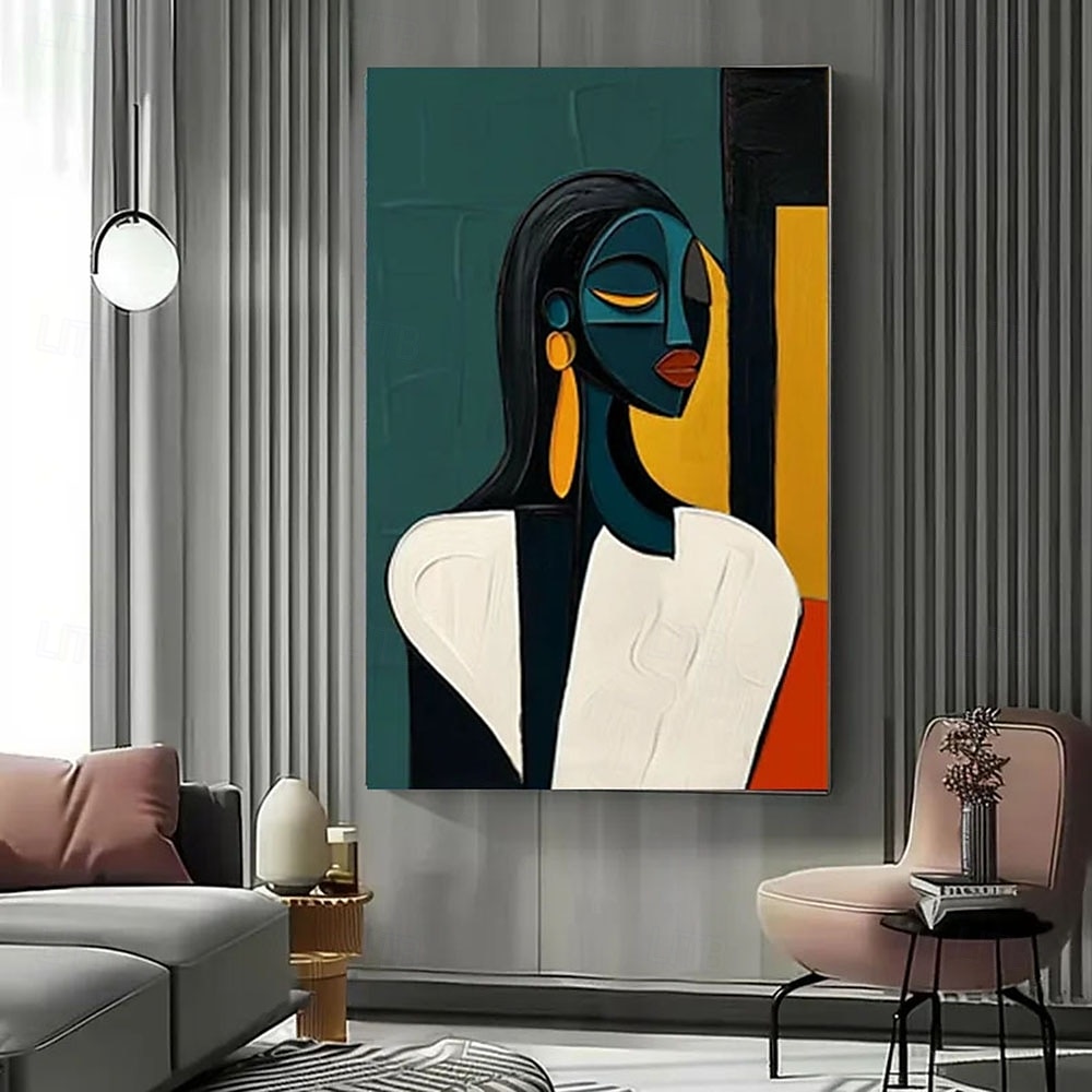 Peinture de portrait abstrait moderne faite à la main peinte à la main avec un contraste chromatique audacieux - peintures à l'huile géométriques figure féminine en or cobalt figure pour peinture de 2025 ? $133.99 –P6