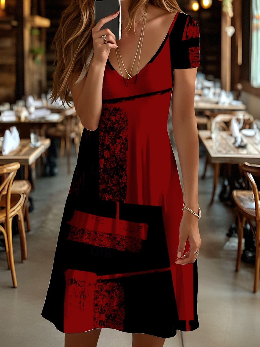 Pentru femei Rochie Mini Rochie din Tricot Rochie casual Rochii Tricou Rochie de Vară Vacanță Casual Fit regulat Grafic Geometric Abstract Manșon scurt În V Negru și Alb Șampaniu Roșu-aprins Albastru 2025 - $23.99 –P6