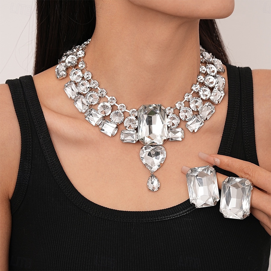 Gargantilla y pendientes de cristal plateado con declaración para mujer: joyas glamurosas con diamantes de imitación grandes para fiestas, bodas y eventos formales. 2025 - $14.99 –P8