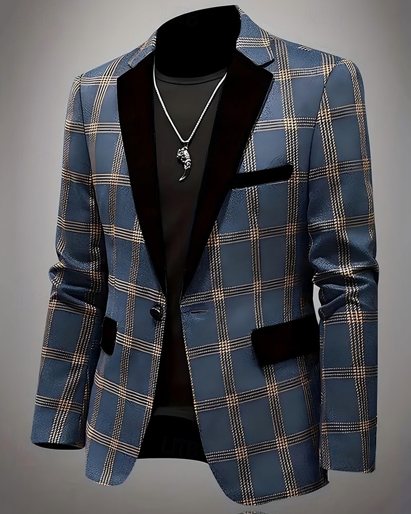 Herren Blazer Geschäft Cocktailparty Hochzeitsfeier Mode Lässig Frühling Herbst Polyester Karomuster Tasche Knöpfe Bequem Einreihig Blazer Schwarz Blau Braun 2025 - $58.99 –P4