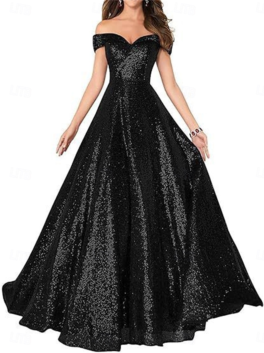 A-Line Evening Gown Elegant Dress Formal Performance Floor Length Short Sleeve Off Shoulder Sequined Backless with Pleats 2025 - $129.99 –P5