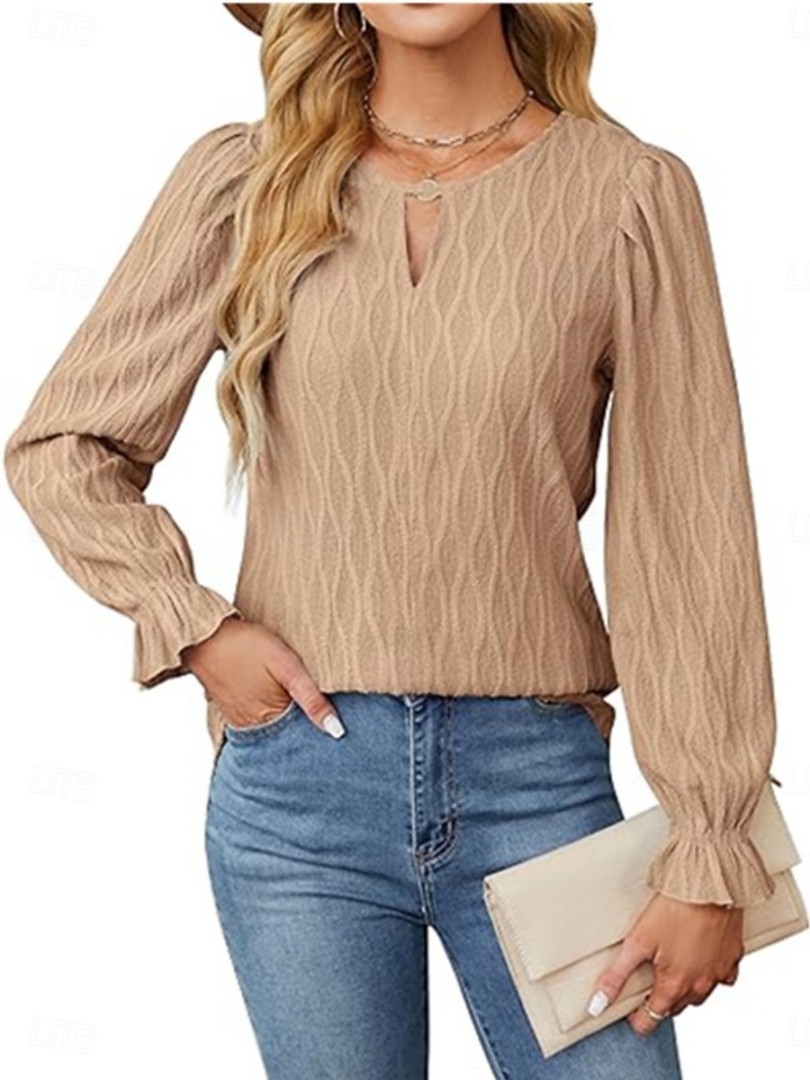 Damen Bluse Einfarbig Elegant Stilvoll Basic Langarm Rundhalsausschnitt Normale Oberteile Täglich Schwarz Weiß Blau Khaki Sommer Frühling 2025 - $23.99 –P7