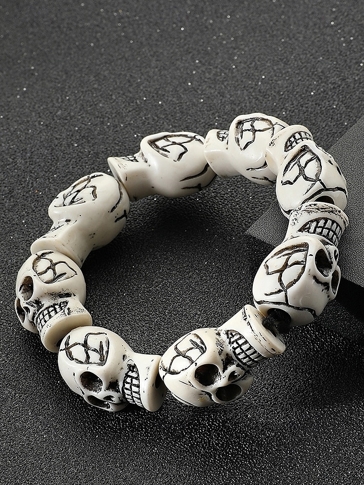 Pulseira masculina de contas de caveira de Halloween – pulseira punk gótica de resina elástica para festas, cosplay e fantasias de 2025 por $7.99 –P6
