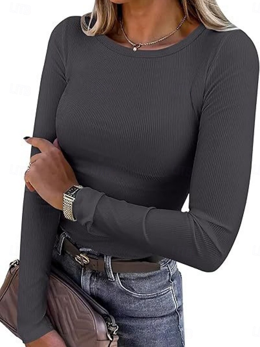 Women's Blouse Solid Color Stylish Basic Casual Long Sleeve Crew Neck Regular Tops Daily White Red Orange Gray Summer Spring 2025 - $11.49 –P1