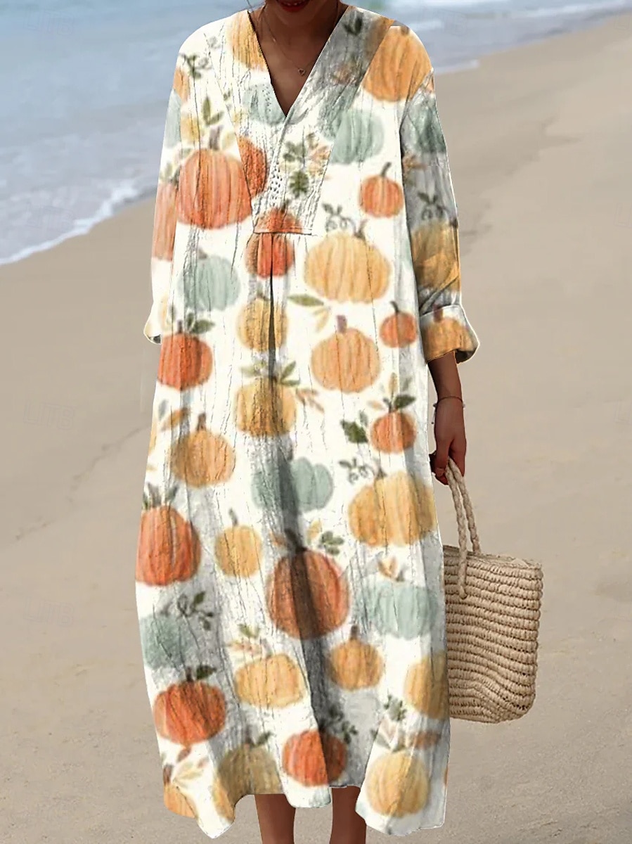 Halloween Damen Maxikleid Sommerkleid A-Linien-Kleid Urlaub Casual Boho Party Ausgehen Strand lockere Passform Grafik Langarm V-Ausschnitt Orange Off-White Grau Sommer Frühling Herbst 2025 - $33.99 –P3