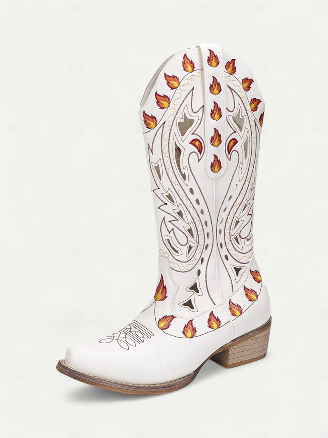 Botas de cowboy femininas bordadas com chamas pretas - botas retrô de festival até o joelho com salto baixo para festivais de música, fantasias de Halloween e cosplay de 2025 por $89.99 –P4
