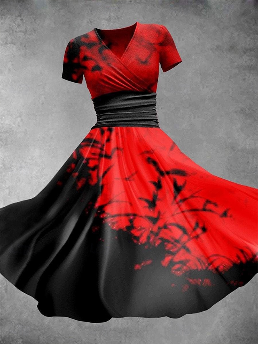 Robe midi d'Halloween pour femme, robe trapèze, robe d'été, robe ajustée et évasée, soirée, décontractée, tous les jours, vacances, coupe classique, graphique, abstrait, manches courtes, col en V, de 2025 ? $26.99 –P1