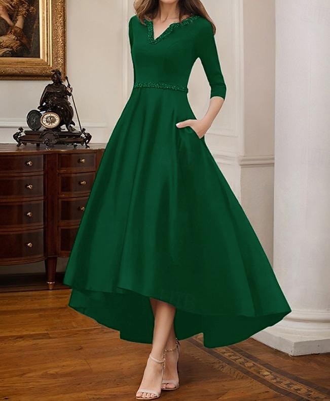 Robe de cocktail trapèze élégante, robe de soirée formelle, longueur thé, robe asymétrique, manches mi-longues, col en V, satin extensible avec poche à perles, 2025 de 2025 ? $142.99 –P1