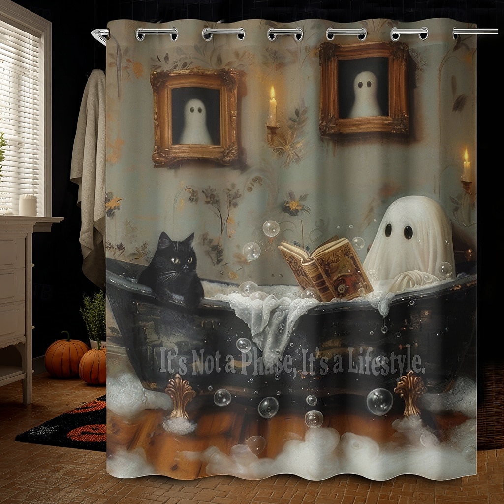 Halloweenský sprchový závěs s háčky, polyesterový, pratelný, voděodolný, vzorovaný, koupelnová vana, dekorace 2025 - $21.99 –P23