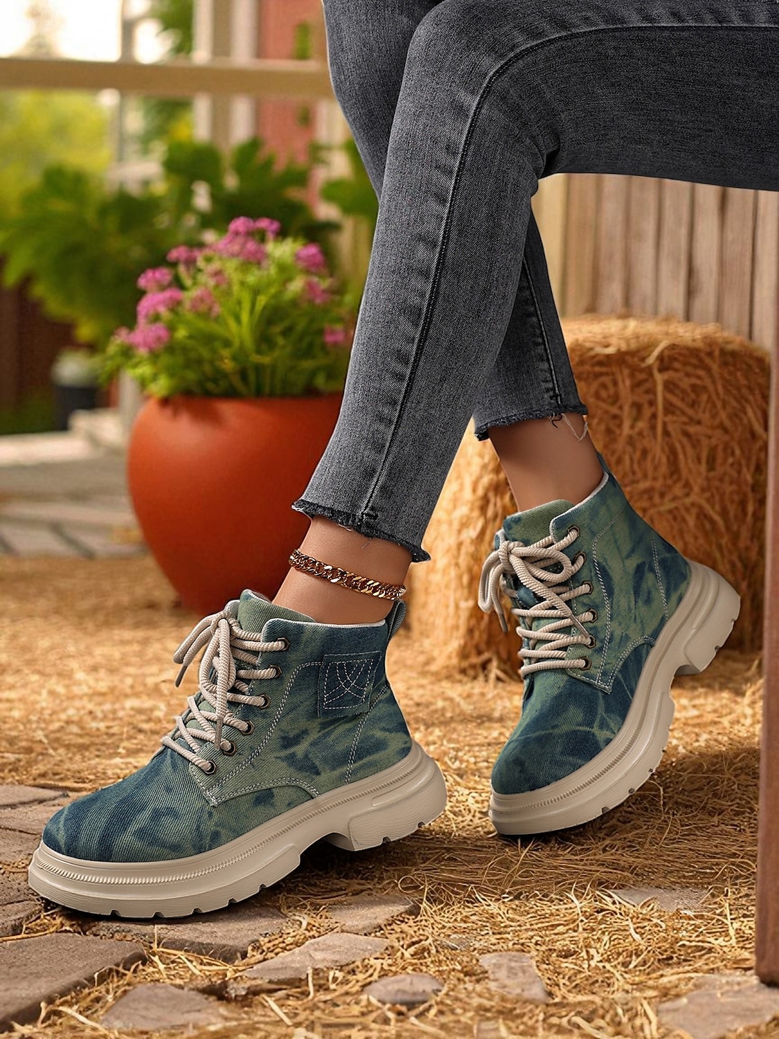 Women's Tie-Dye Canvas Work Boots with Chunky Sole – Casual Lace-Up Outdoor Boots for Harvest Festival, Farm Work and Fall Outings 2025 - $42.99 –P5