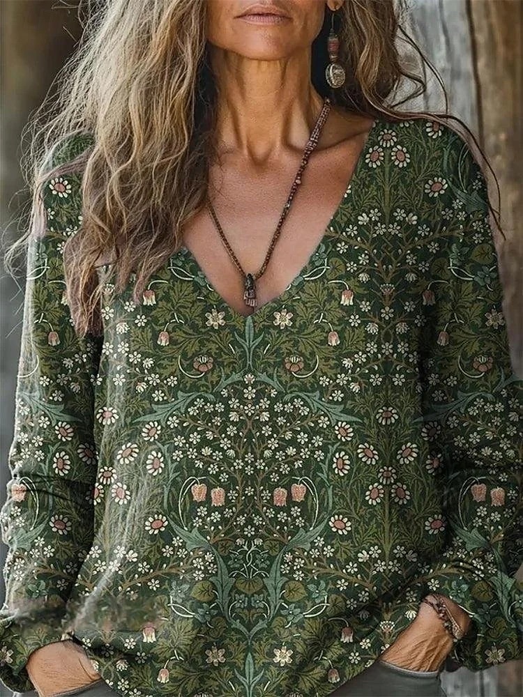 Femmes Chemisier Fleuri Bohème ancien manche longue Col en V Hauts Réguliers Quotidien Fête Imprimé Vert herbe Vert Claire Vin Vert Véronèse Rouge Été Printemps Automne de 2025 ? $16.99 –P1