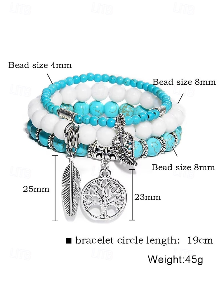 Boho turquoise kralen armbandset voor dames - levensboom en veerhanger, elastische pasvorm, natuurstenen kralen, geschikt voor casual kleding, feestdagen en cadeaus 2025 - $9.99 –P7