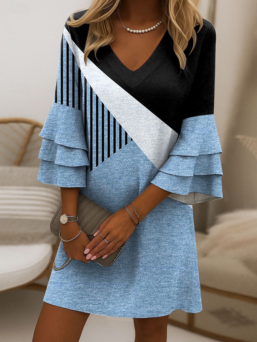 Damen Minikleid Sommerkleid A Linie Kleid Stilvoll Lässig Party Normale Passform Grafik Geometrisch Abstrakt Dreiviertelarm V Ausschnitt Blau Purpur Grün Khaki Sommer Frühling 2025 - $46.99 –P3