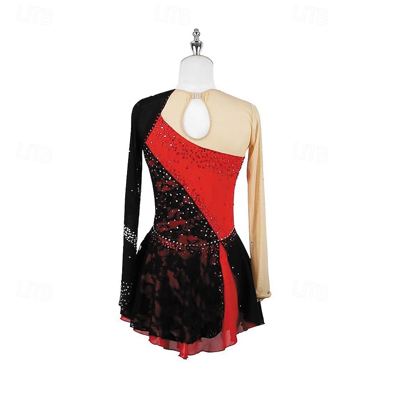 Eiskunstlaufkleid Damen Mädchen Eislaufen Kleid Schwarz Patchwork Daumenloch Netzstoff Spandex Dehnbar Training Übung Professionell Eiskunstlaufkleidung Thermowarm Kristall / Strass Langarm Eislaufen 2025 - $192.99 –P2
