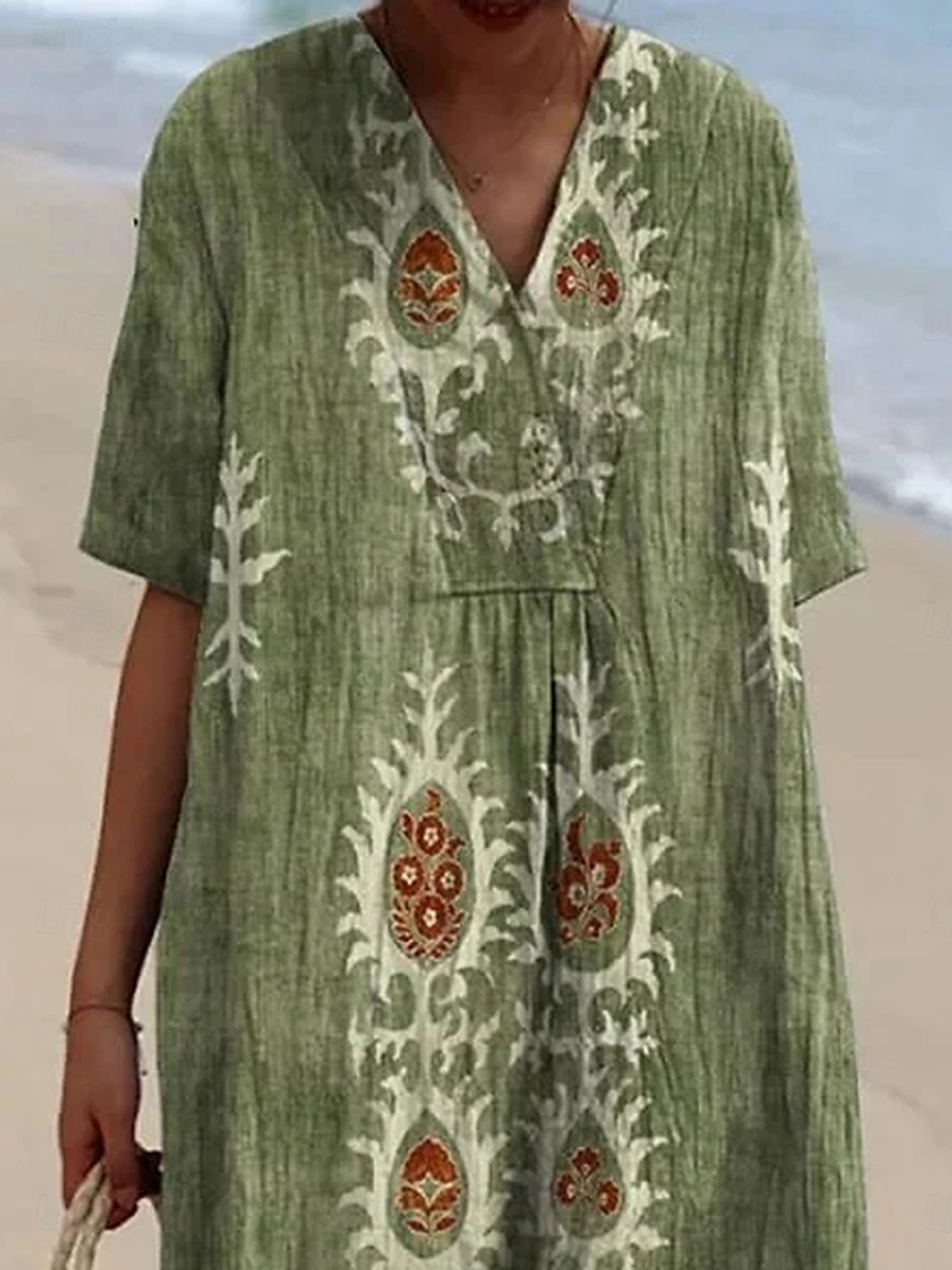 Femmes Robe Midi Robe d'Été Robe trapèze Vacances Occasionnel Chaussures de plage Soirée Sortir Plage Coupe Ample Fleuri Graphique Tribal Manche Courte Col en V Bleu Vert Été Printemps de 2025 ? $37.99 –P2