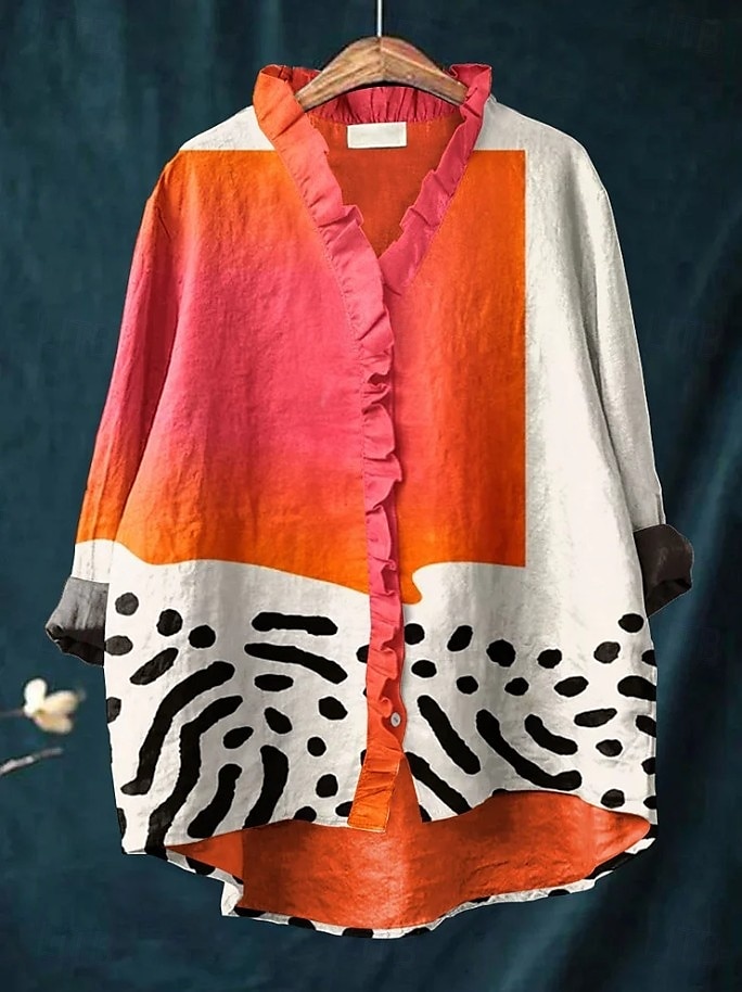 Mujer camisa boho Frunce Volante Graphic Geométrico Elegante Bohemia Activo Escote en Pico Tops regulares Diario Trabajo Festivos Azul Piscina Granate Negro Rosa Naranja Verano Primavera Otoño 2026 - $29.99 –P1